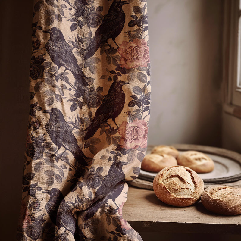 Floral Crow Linen Curtain: Beige Botanical, Dark Academia Decor