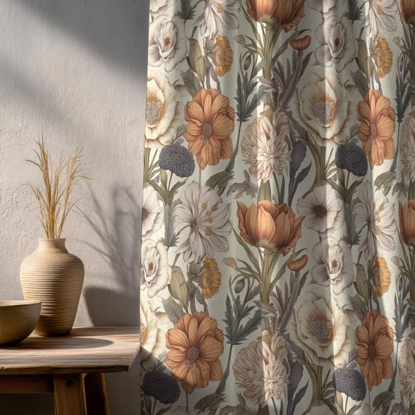 Earth Tone Floral Linen Curtain: Botanical Rustic Window Panel