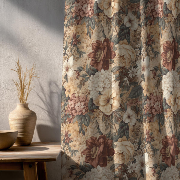 Vintage Linen Curtain: Terracotta Floral Botanical Print, Cottage Decor