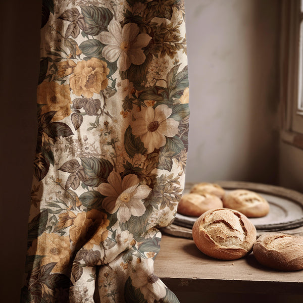 Floral Linen Curtain Panel: Golden Bloom Botanical Print, Cottagecore Decor