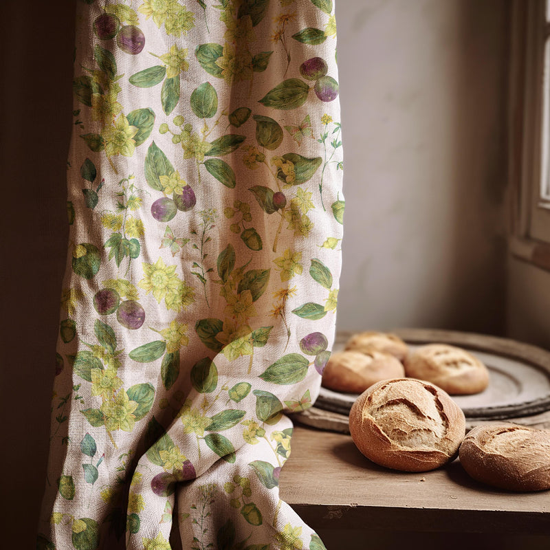 Botanical Linen Curtain Panel – Green Leaf & Floral Watercolor