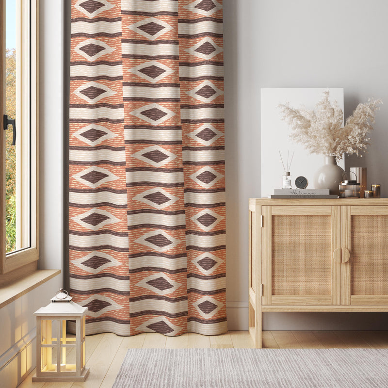 Southwest Rust Diamond Curtain – Native Inspired Ikat Striped Window Panel with Rustic Tones