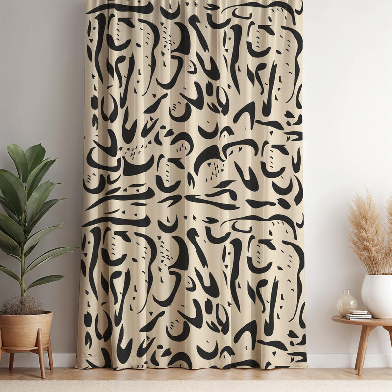 Abstract Line Art Curtain: Modern Beige Window Panel, Minimalist Decor