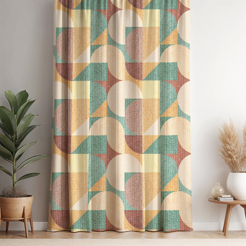 Retro Geometric Curtain Panel: Mid-Century Modern Eclectic Window Drape