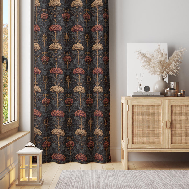 Dark Botanical Floral Curtain – Elegant Vintage-Inspired Tapestry Panel with Deep Autumn Tones