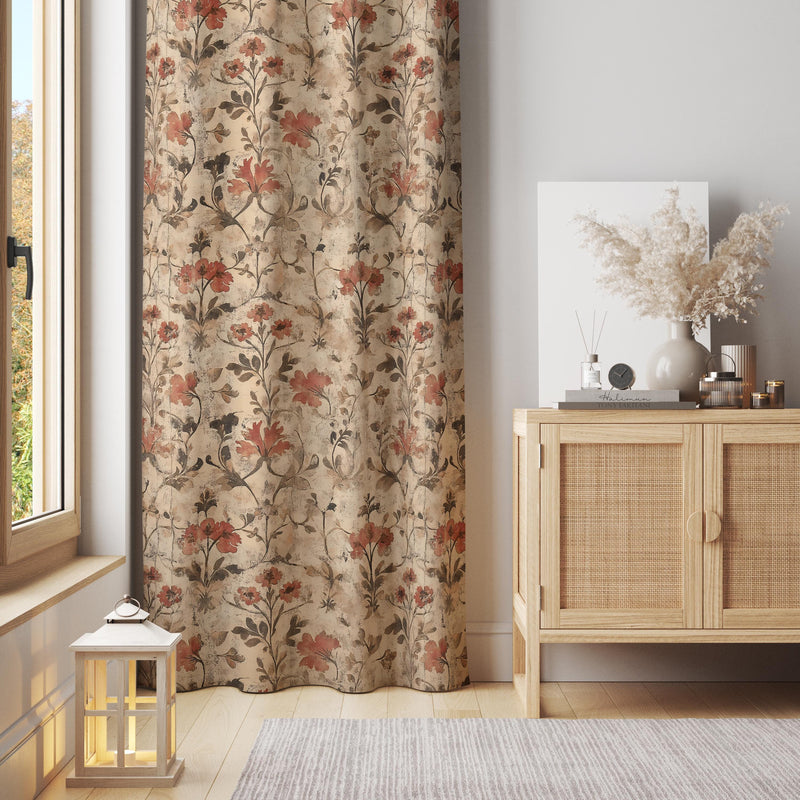 Vintage Floral Curtain Panel: Beige Rustic Red Flower Print Drapes