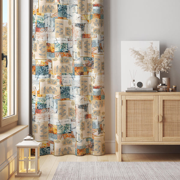 Patchwork Inspired Curtain – Colorful Abstract Fabric Blocks with Leaves