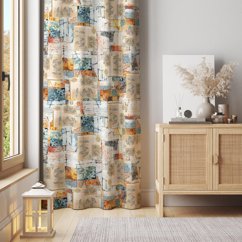 Patchwork Inspired Curtain – Colorful Abstract Fabric Blocks with Leaves
