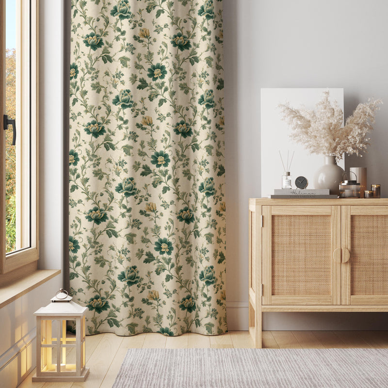 Vintage Green Floral Botanical Curtain – Cottage Style Cream Panel with Intricate Garden Blooms
