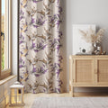 Abstract Leaf Print Curtain – Soft Beige Panel with Purple and Taupe Botanical Swirls - Image 1