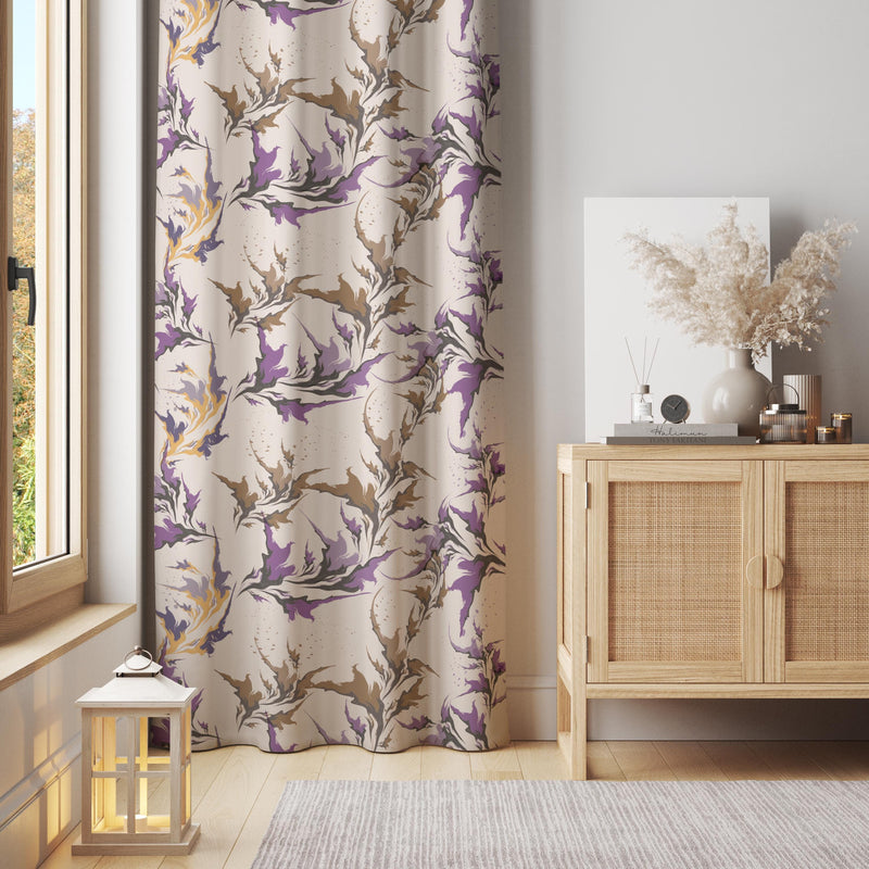 Abstract Leaf Print Curtain – Soft Beige Panel with Purple and Taupe Botanical Swirls