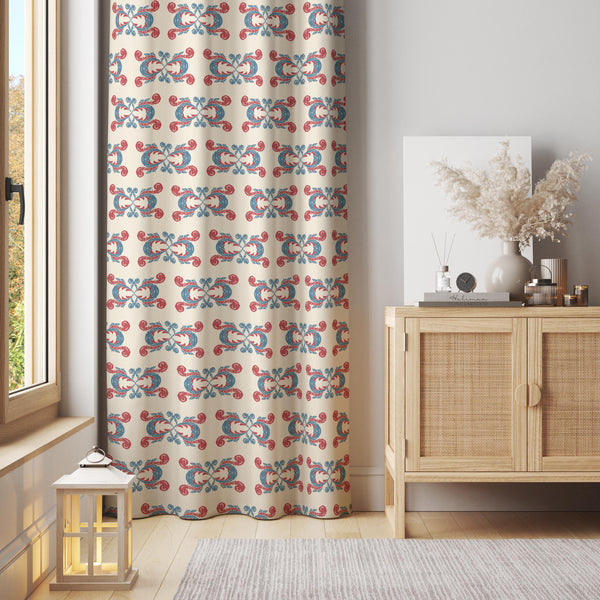 Red Blue Folk Pattern Curtain – Whimsical Vintage Floral Panel with Decorative Symmetry
