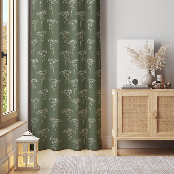 Minimal Green Botanical Curtain – Subtle Floral Pattern Panel for Calm & Natural Interiors