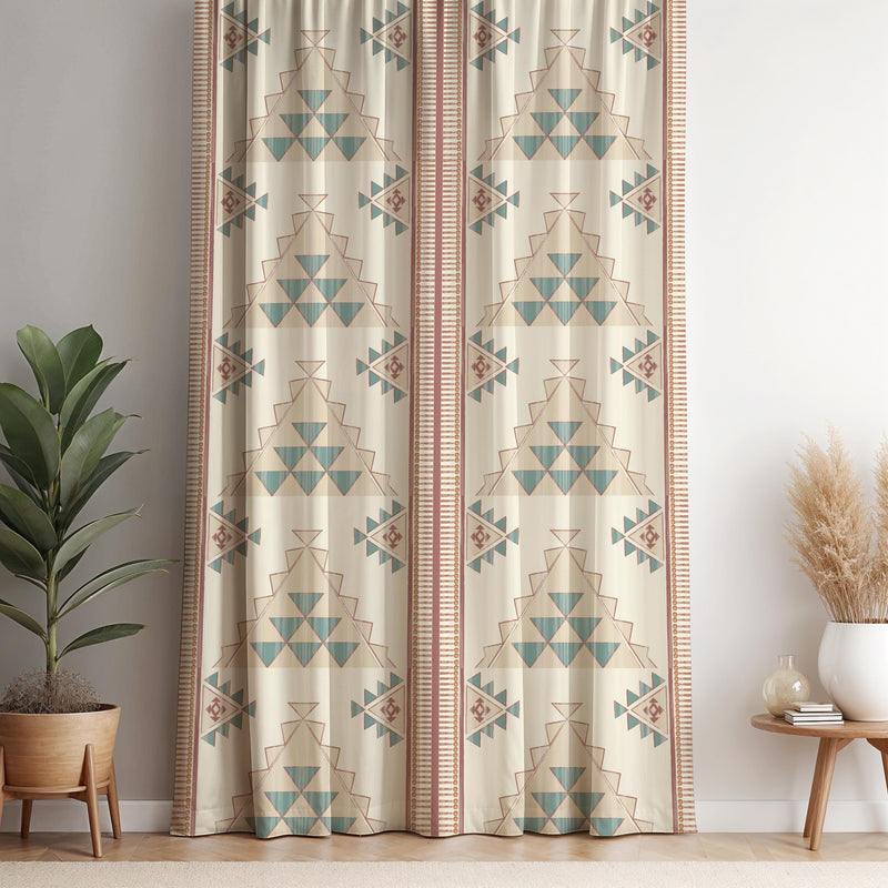 Aztec Curtain Panel: Teal Beige Geometric Print, Southwest Boho Style