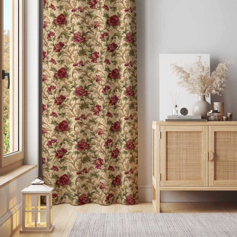 Floral Curtain: Vintage Style Rose Drapes, Burgundy Flowers - 1 Panel