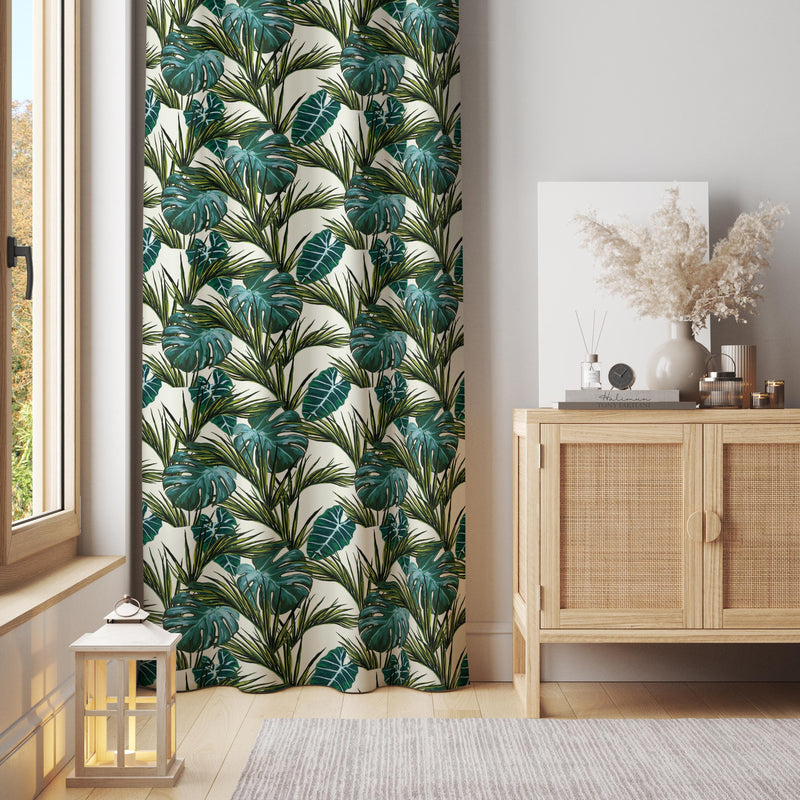 Tropical Leaf Print Curtain – Bold Green Monstera and Palm Panel for Summer Interior Styling