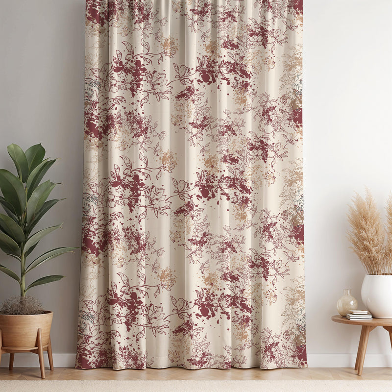Floral Curtain Panel: Burgundy Beige Botanical Print, Elegant Home Decor