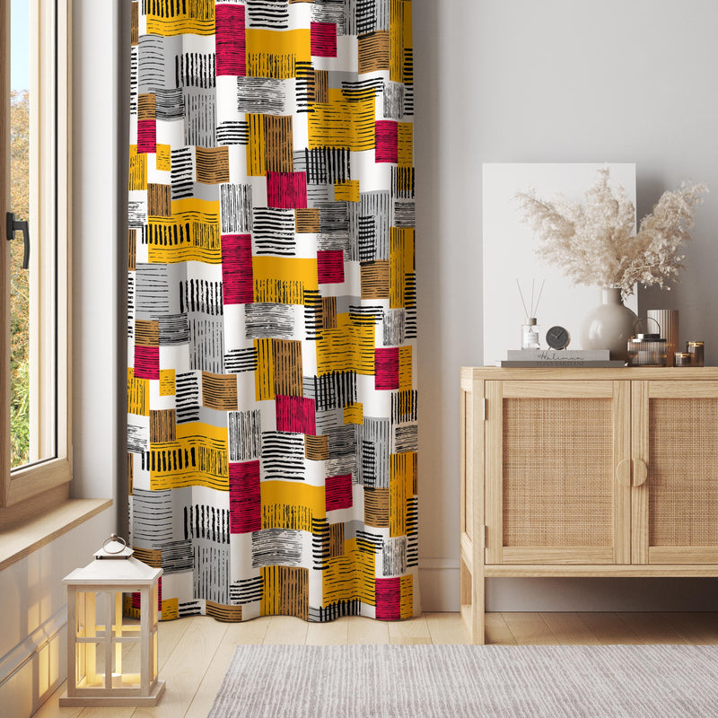Abstract Patchwork Curtain: Yellow, Red Grid, Modern Decor