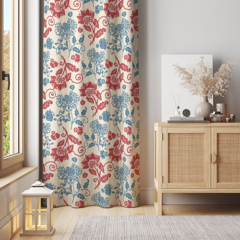 Red and Blue Vintage Floral Curtain – Classic Botanical Damask Window Panel