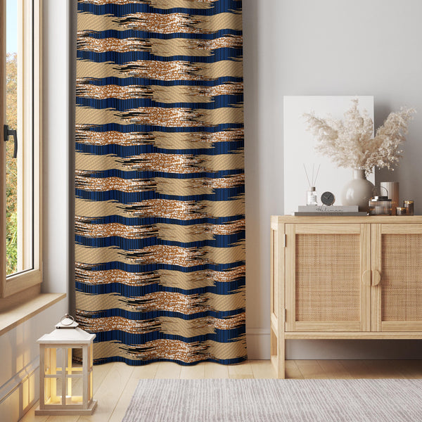 Navy and Beige Tribal Curtain – Earthy Panel with Geometric Ethnic Stripe Pattern