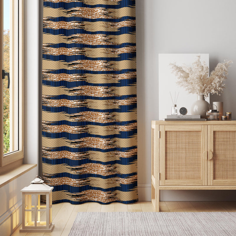 Navy and Beige Tribal Curtain – Earthy Panel with Geometric Ethnic Stripe Pattern