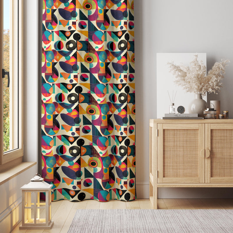 Abstract Color Block Curtain: Mid-Century Geometric Cotton-Polyester Drape