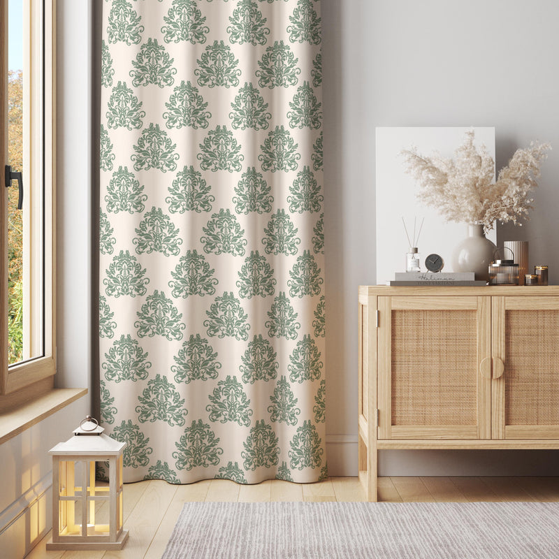 Green Damask Pattern Curtain – Classic Vintage Window Panel for Elegant Living Room Decor