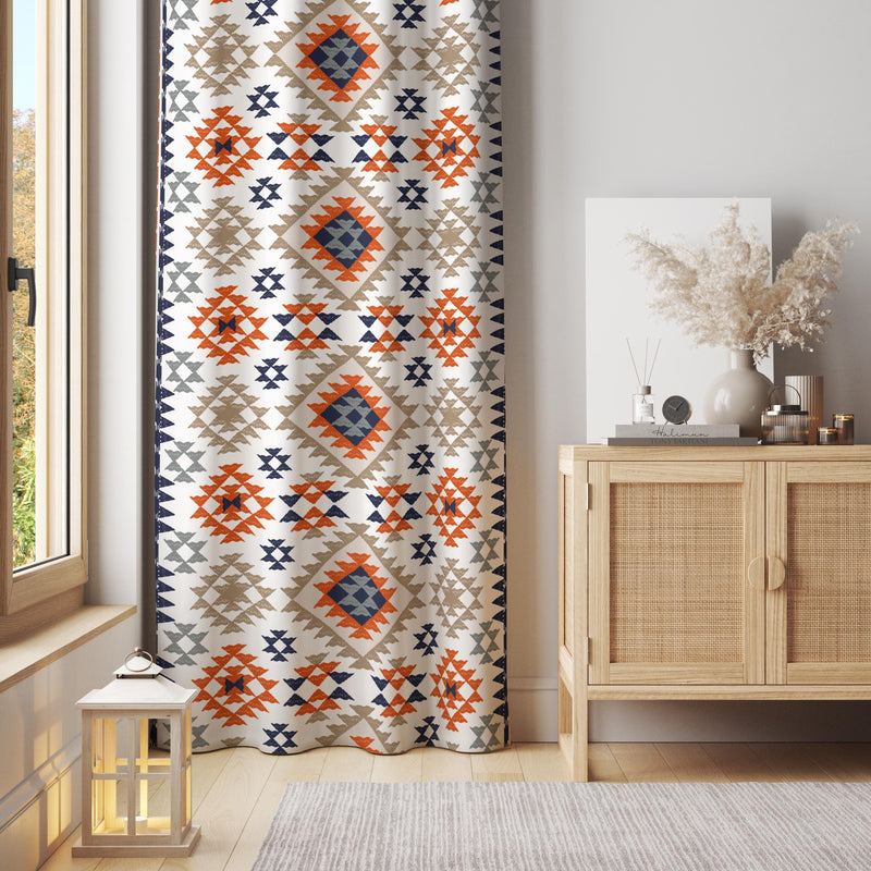 Aztec Diamond Curtain – Orange and Navy Geometric Panel with Tribal Inspiration
