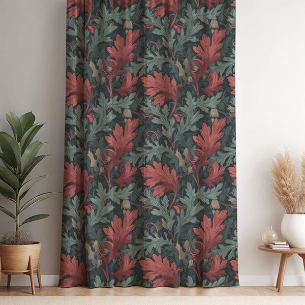 Dark Floral Curtain Panel: Oak Leaf Botanical Print, Cottagecore Decor