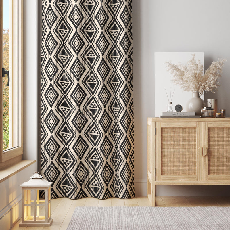 Tribal Diamond Curtain: Black Beige Aztec Boho Window Panel