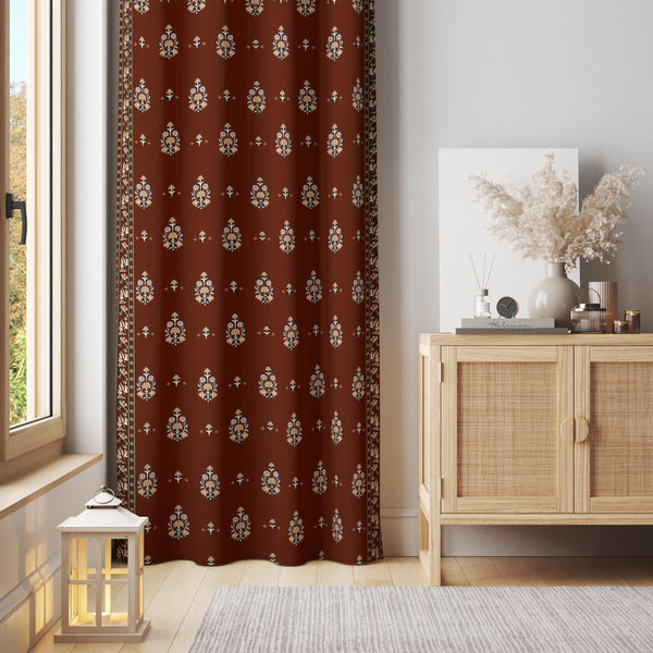 Floral Terracotta Curtain Panel: Vintage Border, Traditional Decor