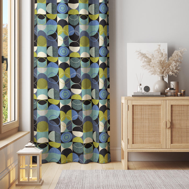 Retro Geometric Curtain Panel: Blue & Green Mid-Century Decor