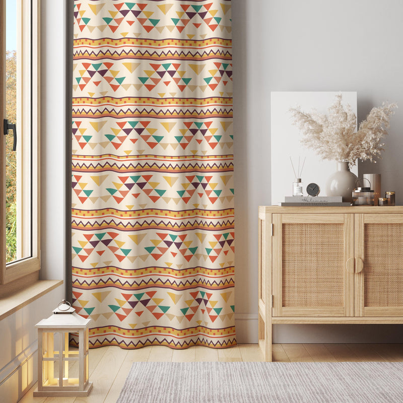 Boho Geometric Curtain Panel: Beige Aztec Print, Cotton Blend