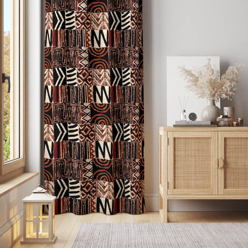 Tribal Patchwork Curtain – African-Inspired Geometric Panel in Earthy Boho Tones