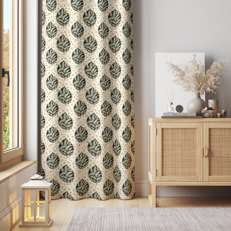 Botanical Print Curtain Panel: Cream Drapes, Green Leaf Design