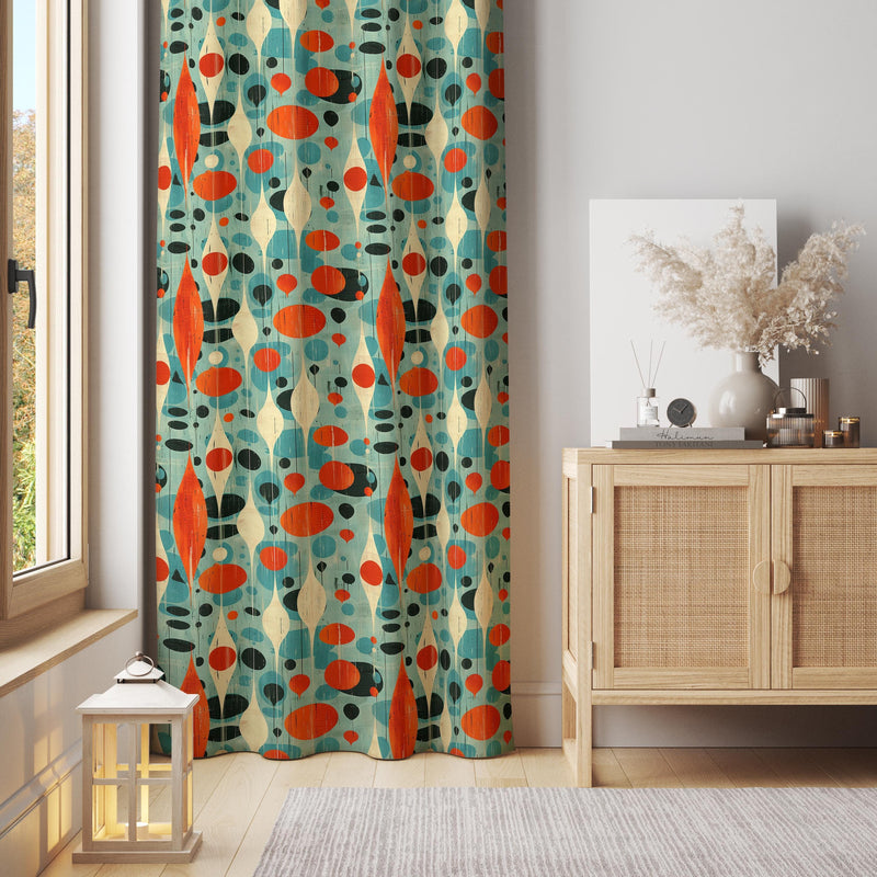 Teal and Orange Mid-Century Curtain: Retro Atomic Print Living Room Drape