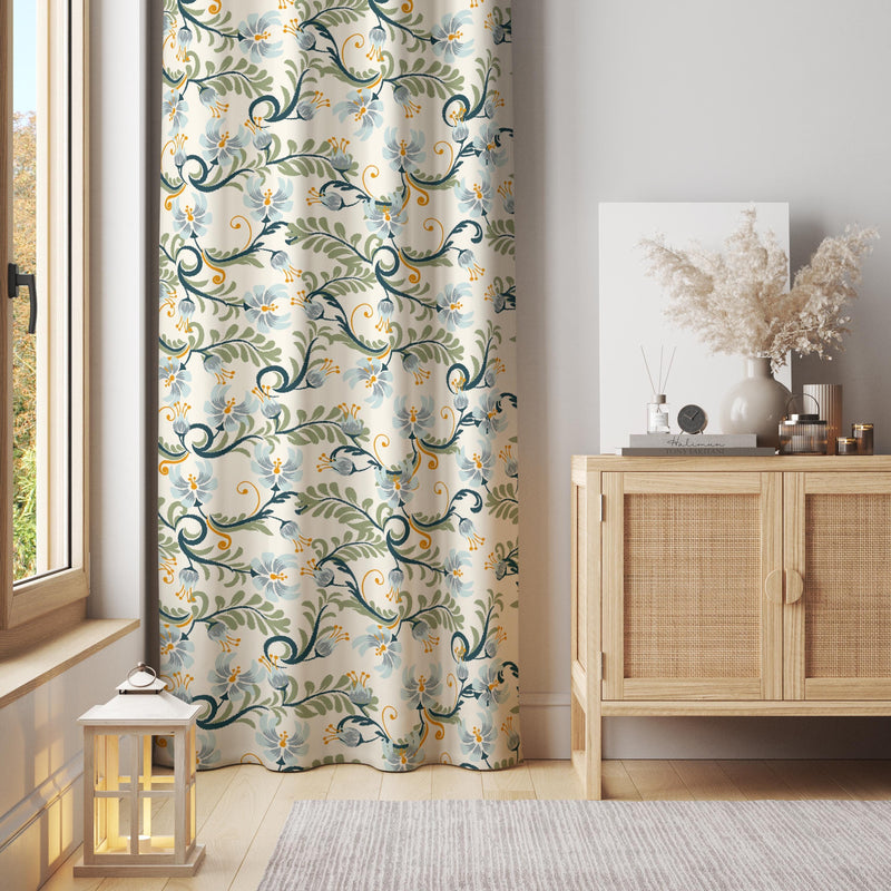 Botanical Swirl Curtain – Elegant Blue & Green Leaf Pattern Fabric for Living Room