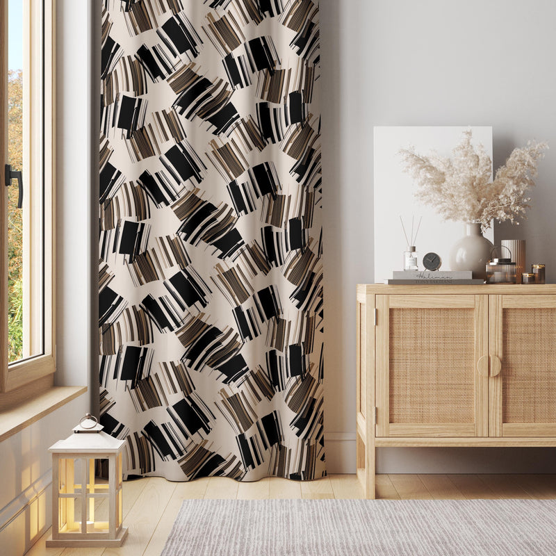 Abstract Brushstroke Cotton-Polyester Curtain: Black and Beige Window Panel