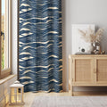 Ocean Wave Pattern Curtain – Navy Blue Abstract Lines on Neutral Fabric - Image 1