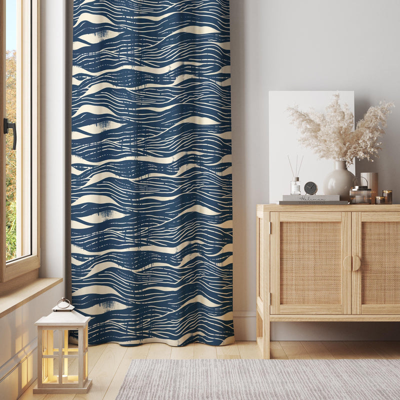 Ocean Wave Pattern Curtain – Navy Blue Abstract Lines on Neutral Fabric