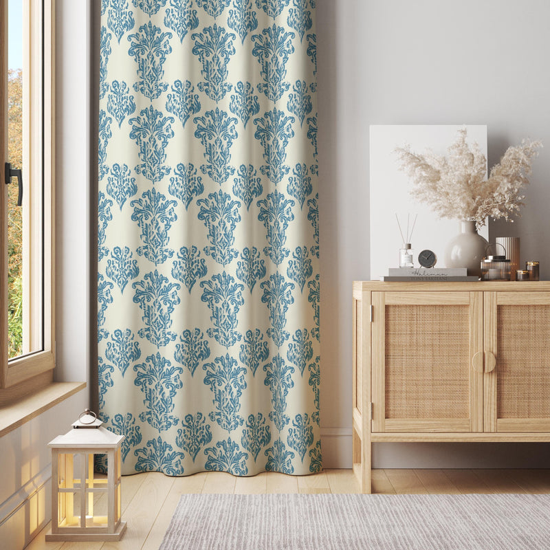 Blue Ornamental Damask Curtain – Elegant Baroque-Inspired Pattern on Cream Background