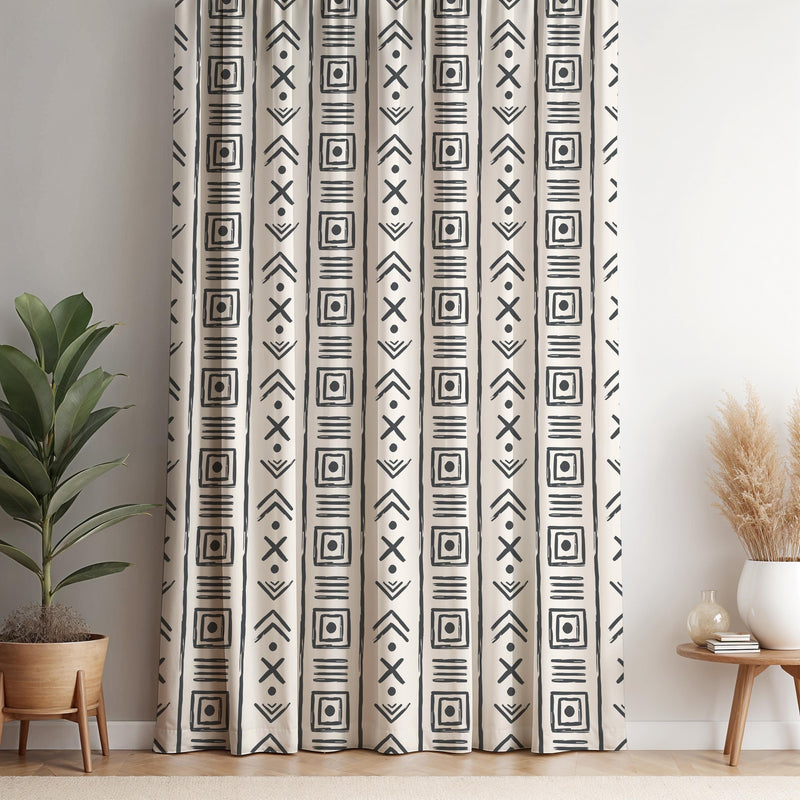 Black and White Mudcloth Curtain: Boho Geometric Window Panel