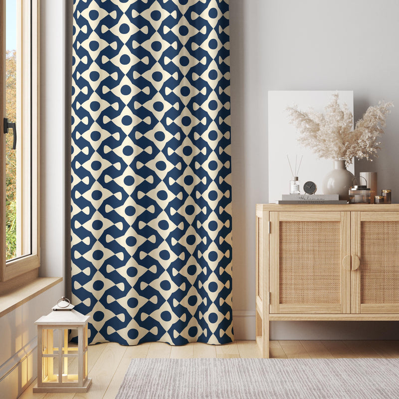Navy Blue Geometric Curtain – Modern Circle Diamond Print
