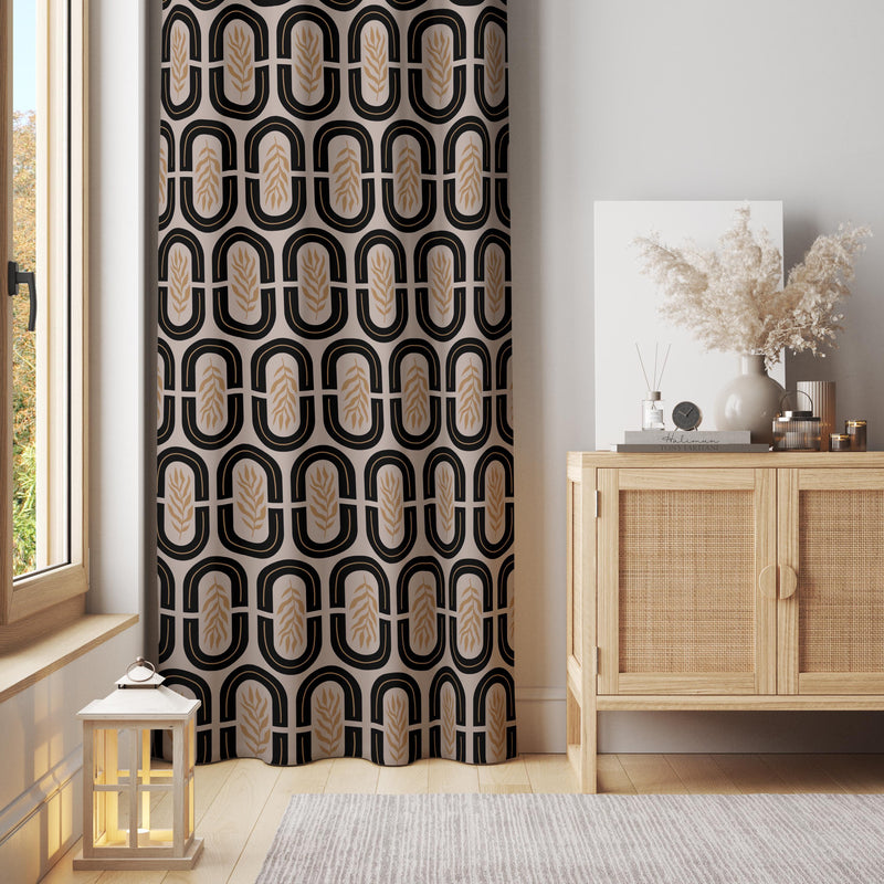 Black Art Deco Curtain: Modern Geometric Beige Pattern Window Panel for Contemporary Living Room