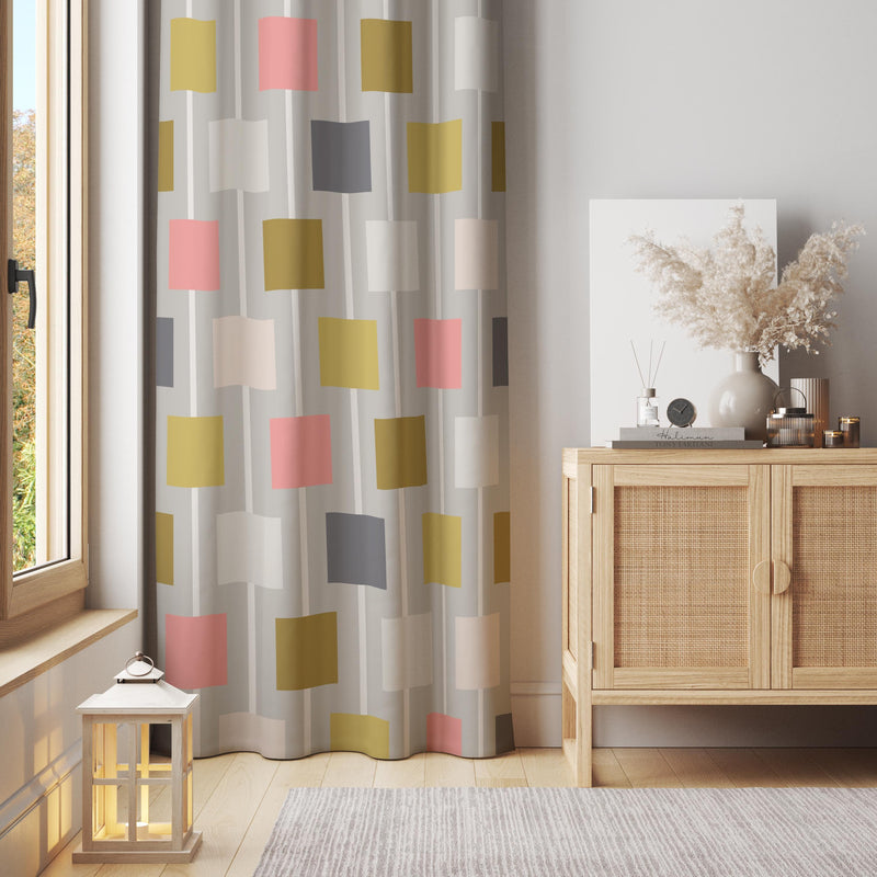 Modern Color Block Curtain: Playful Multicolor Geometric Squares Window Panel for Retro or Mid Century Decor