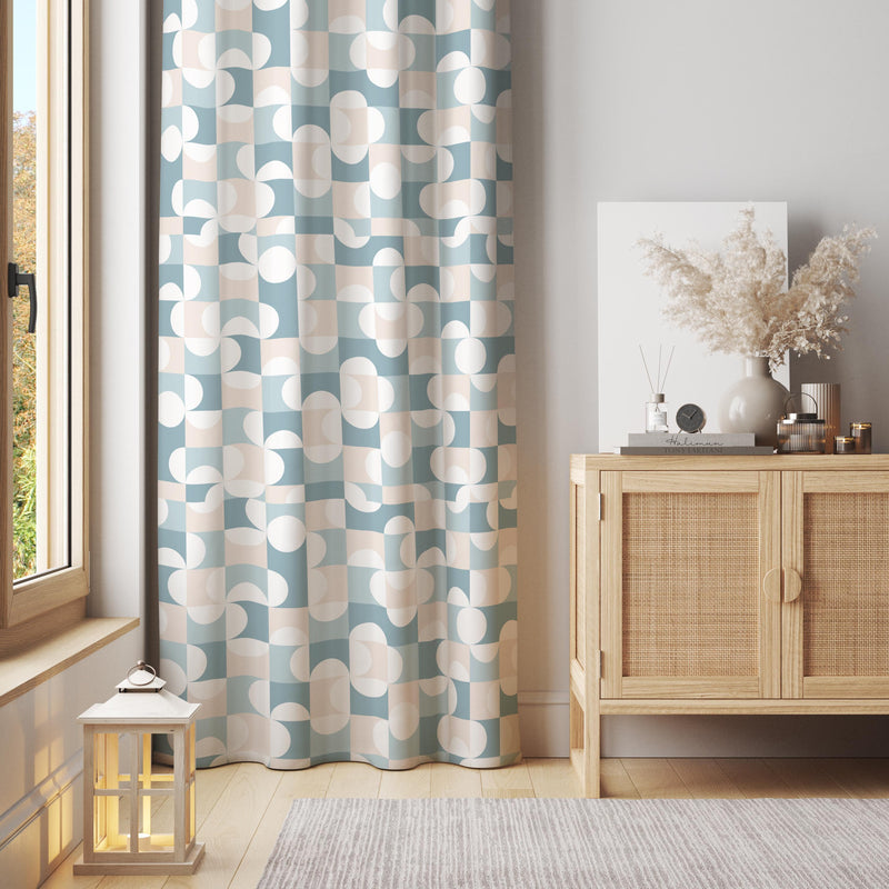 Geometric Abstract Curtain: Blue Beige Modern Drapes - 30x70 Cotton Blend