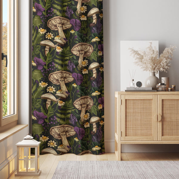 Mushroom Forest Blackout Curtains, Botanical Woodland Drapes, Cottagecore Nature Window Treatment