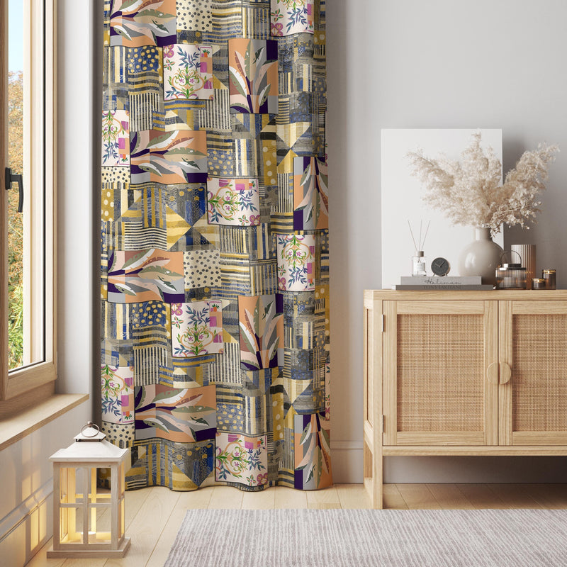 Patchwork Floral Curtain Panel: Boho Geometric Blue Gold Window