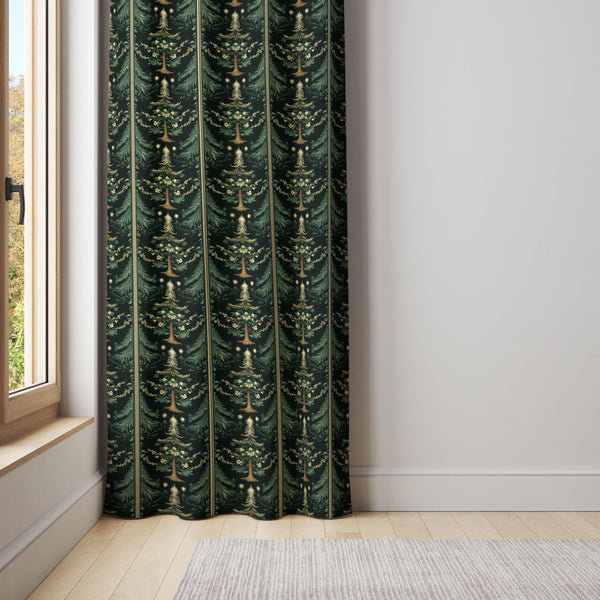 William Morris Christmas Curtain – Green Holiday Drapes with Gold Leaf & Pine Tree