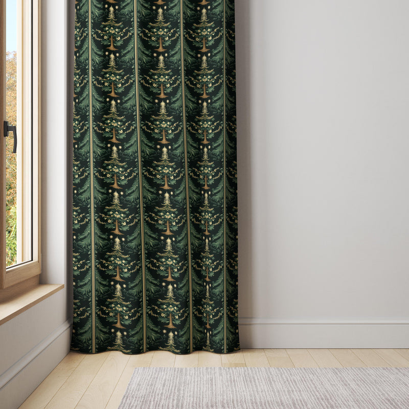 William Morris Christmas Curtain – Green Holiday Drapes with Gold Leaf & Pine Tree